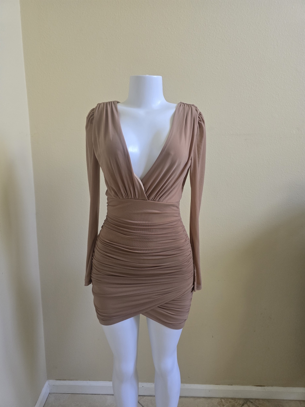 Ruched Long-Sleeve Mini Dress in Light Brown